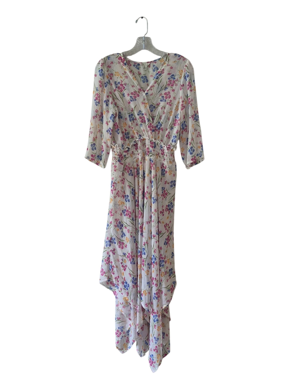 CATO Floral V-Neck Dress Sz M Smocked Waist Asymmetric High Low Prairie Boho